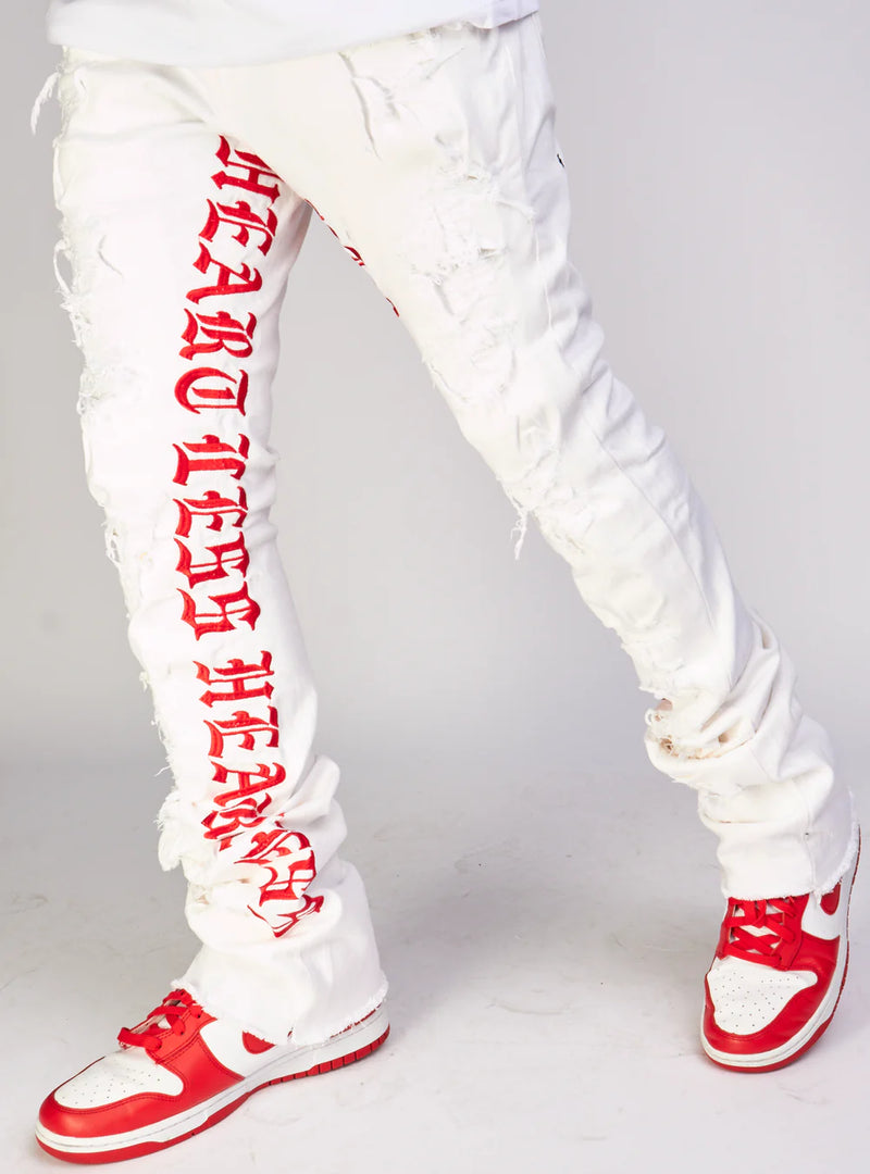 "Heartless" Stacked Denim - White/Red