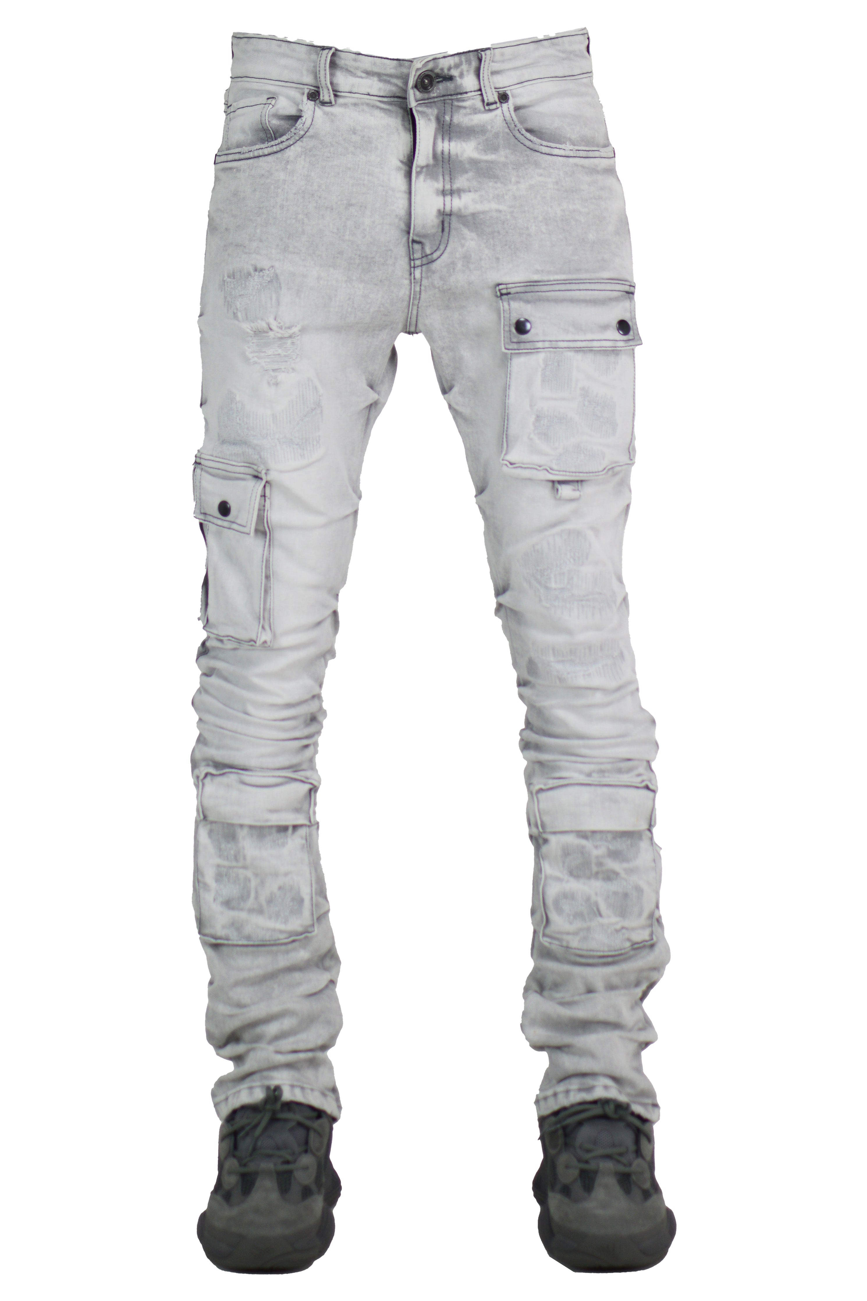 "Light Grey" Cargo Stacked Denim