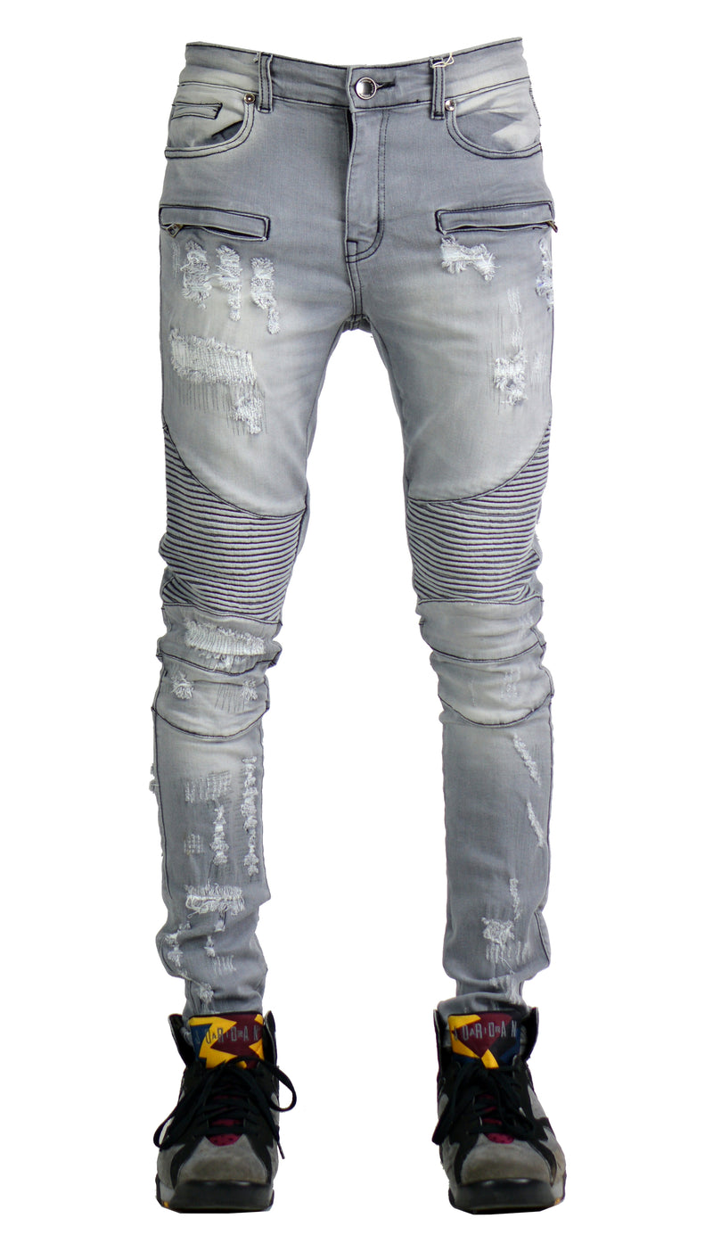 Distressed Biker Jean - Grey