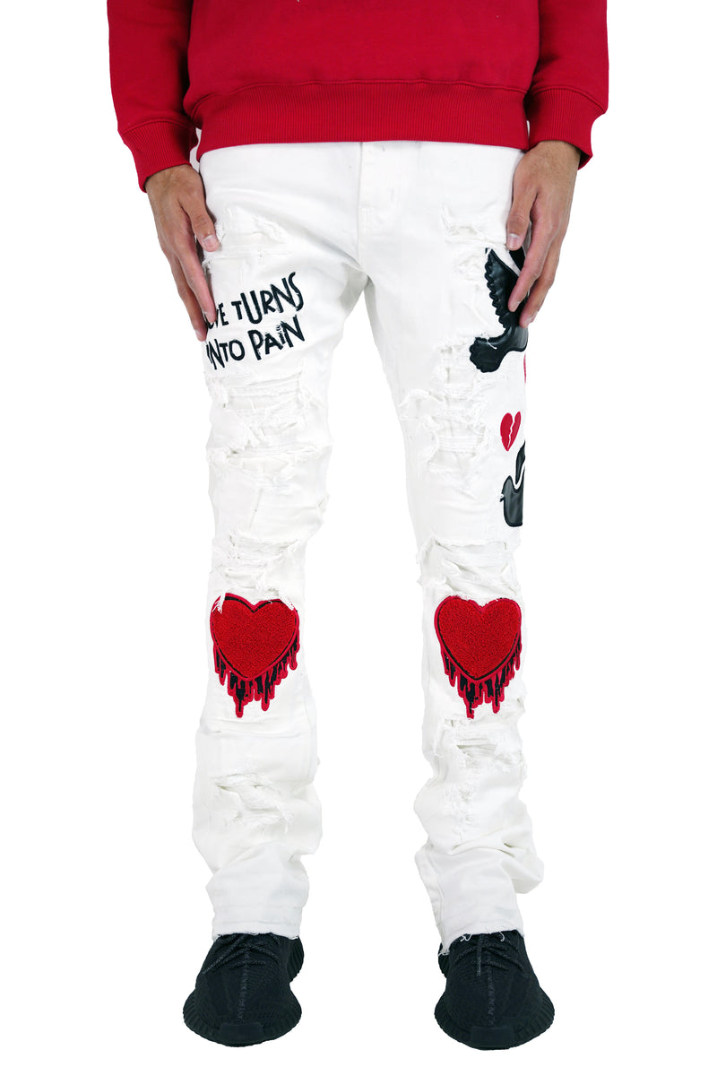 "Peace&Love" Stacked Denim - White