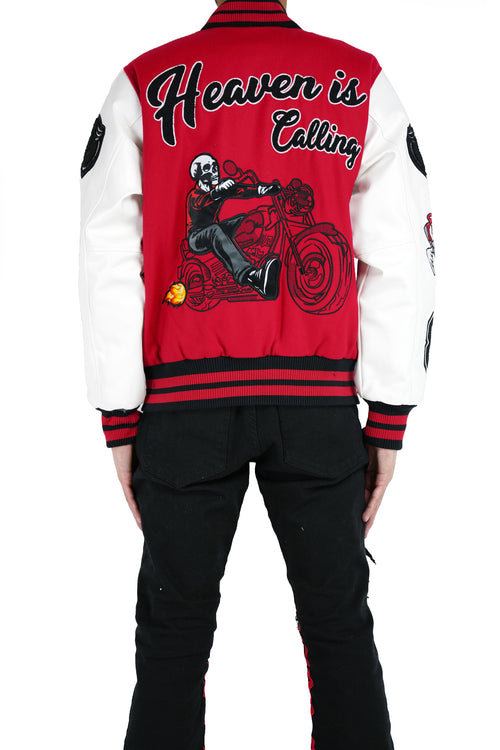 "Heaven is Calling" Varsity Jacket - Red/White